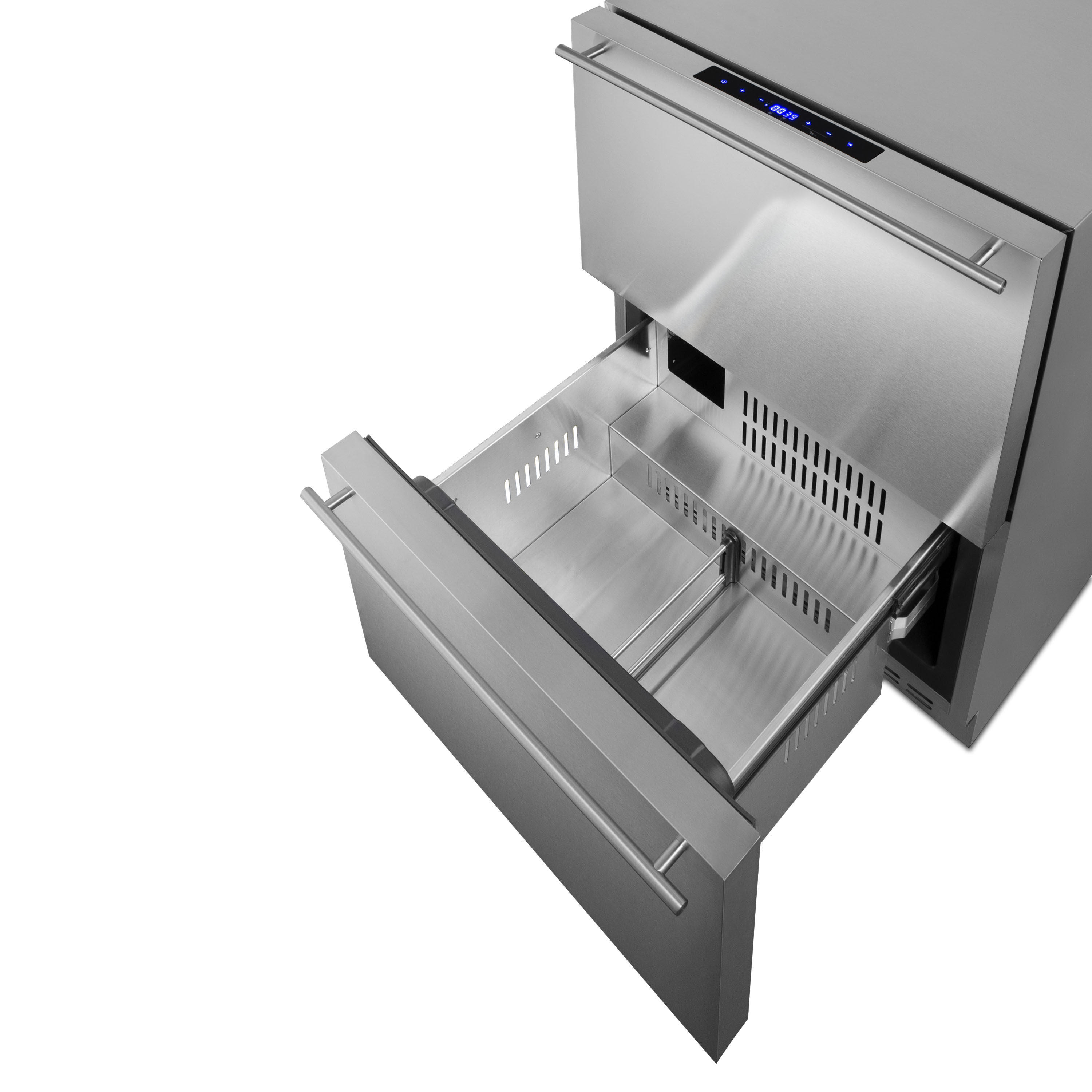 Two-drawer refrigerator-freezer for built-in or freestanding use, with digital thermostat, frost-free operation, panel-ready drawer fronts, and complete stainless steel construction